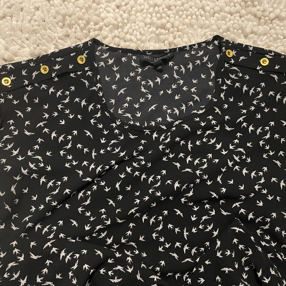 Sweet Wanderer Black Blouse with White Bird Print and Gold Buttons